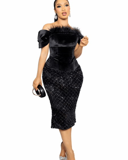 BLACK VELVET CORSET DRESS WITH FEATHERS