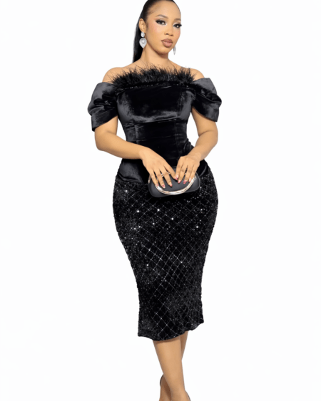 BLACK VELVET CORSET DRESS WITH FEATHERS