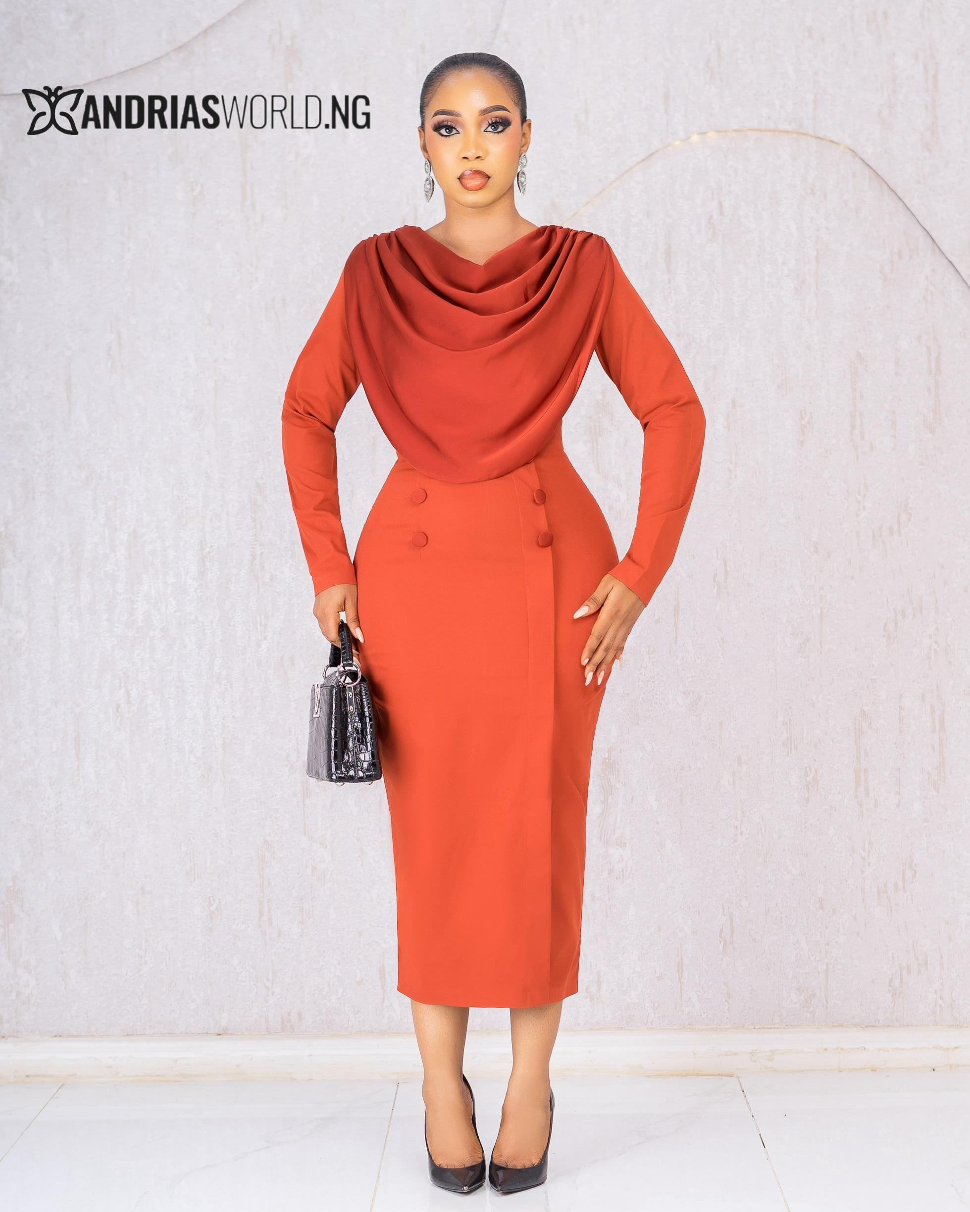 ORANGE MIDI COWL NECK DRESS ORANGE MIDI COWL NECK DRESS