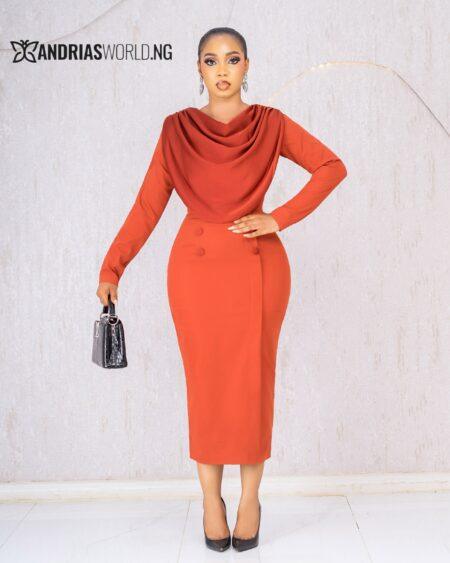 ORANGE MIDI COWL NECK DRESS