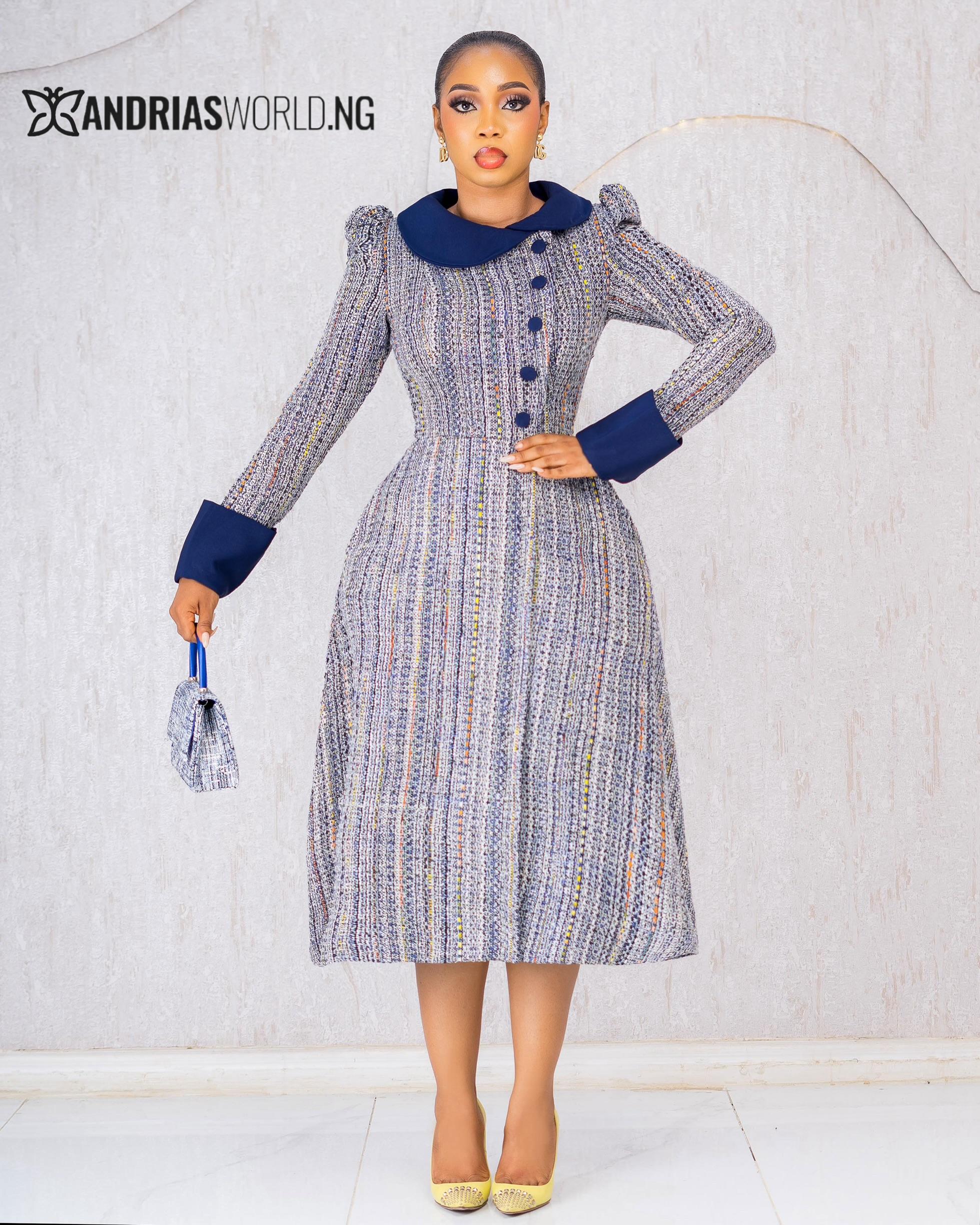 BLUE TWEED BUTTON DRESS BLUE TWEED BUTTON DRESS