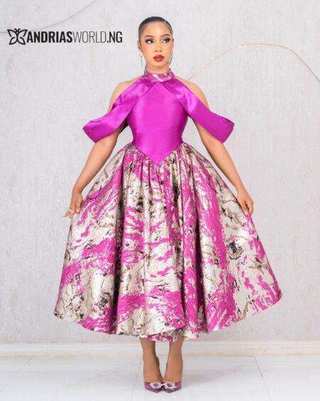 PURPLE AND GOLD DAMASK SKATER DRESS WITH MIKADO CAPE SLEEVES