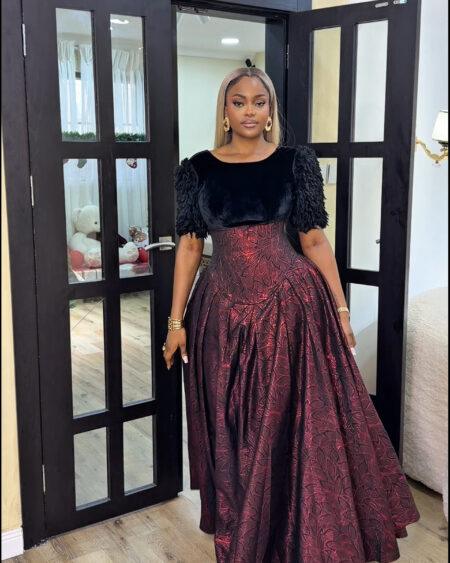 WINE DAMASK MAXI DRESS WITH VELVET