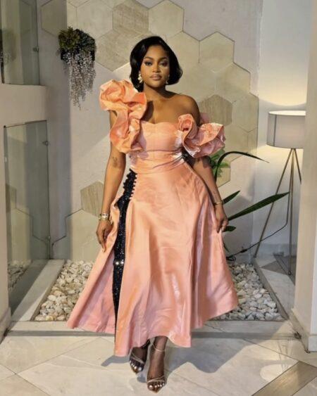 PEACH MIKADO SKATER SKIRT SET WITH SEQUIN DETAIL