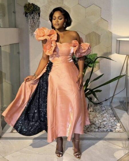 PEACH MIKADO SKATER SKIRT SET WITH SEQUIN DETAIL