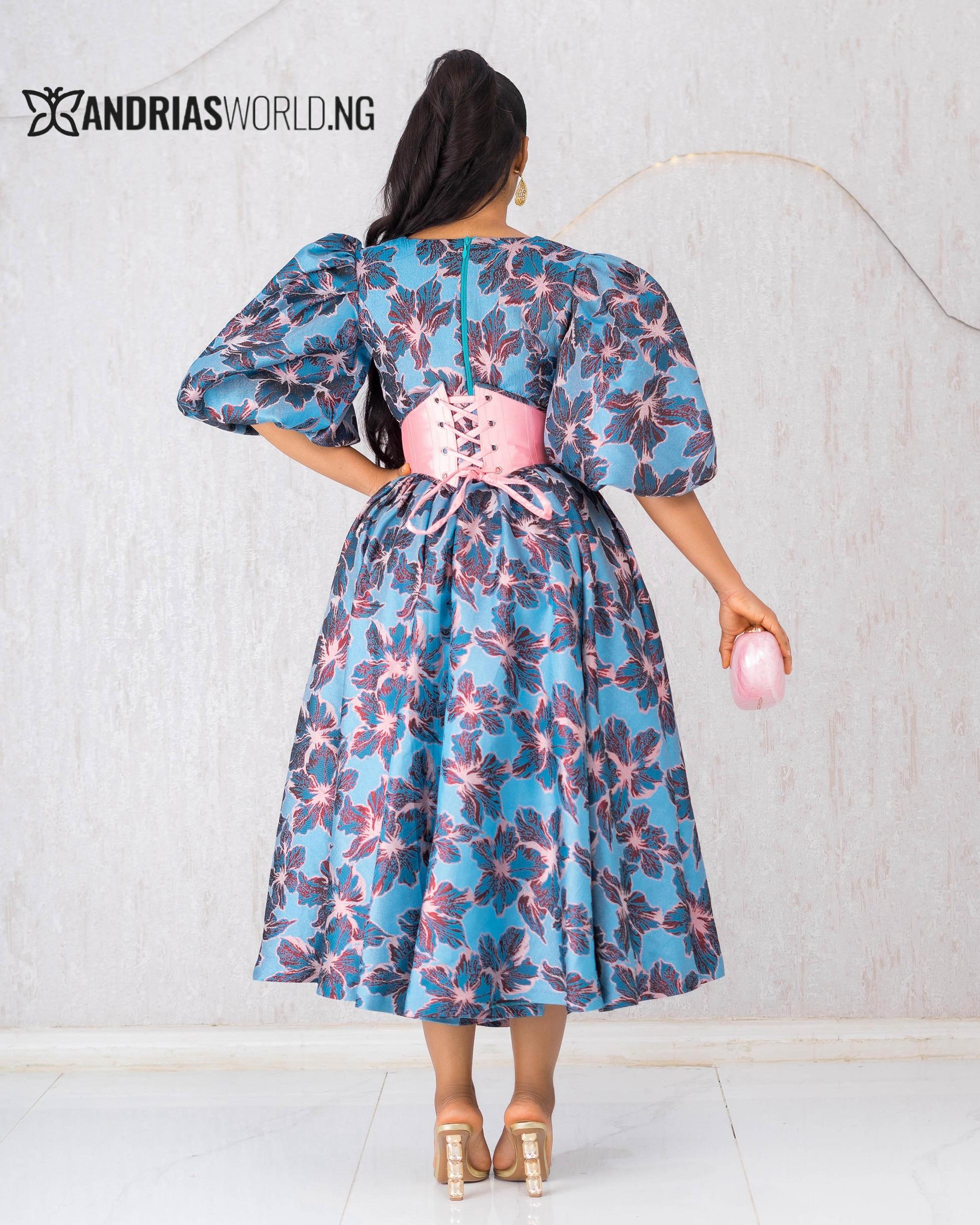 BLUE AND PEACH FLORAL CORSET DRESS BLUE AND PEACH FLORAL CORSET DRESS