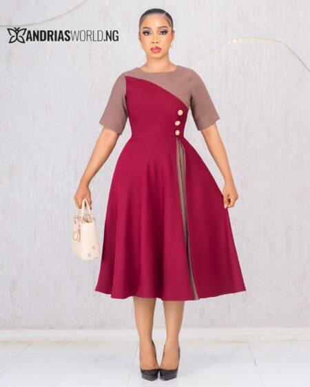 WINE AND BROWN COLOR BLOCK SKATER DRESS