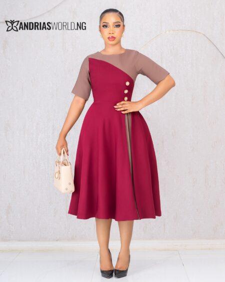 WINE AND BROWN COLOR BLOCK SKATER DRESS