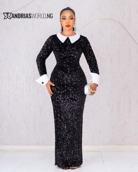 BLACK SEQUIN DRESS WITH WHITE COLLAR