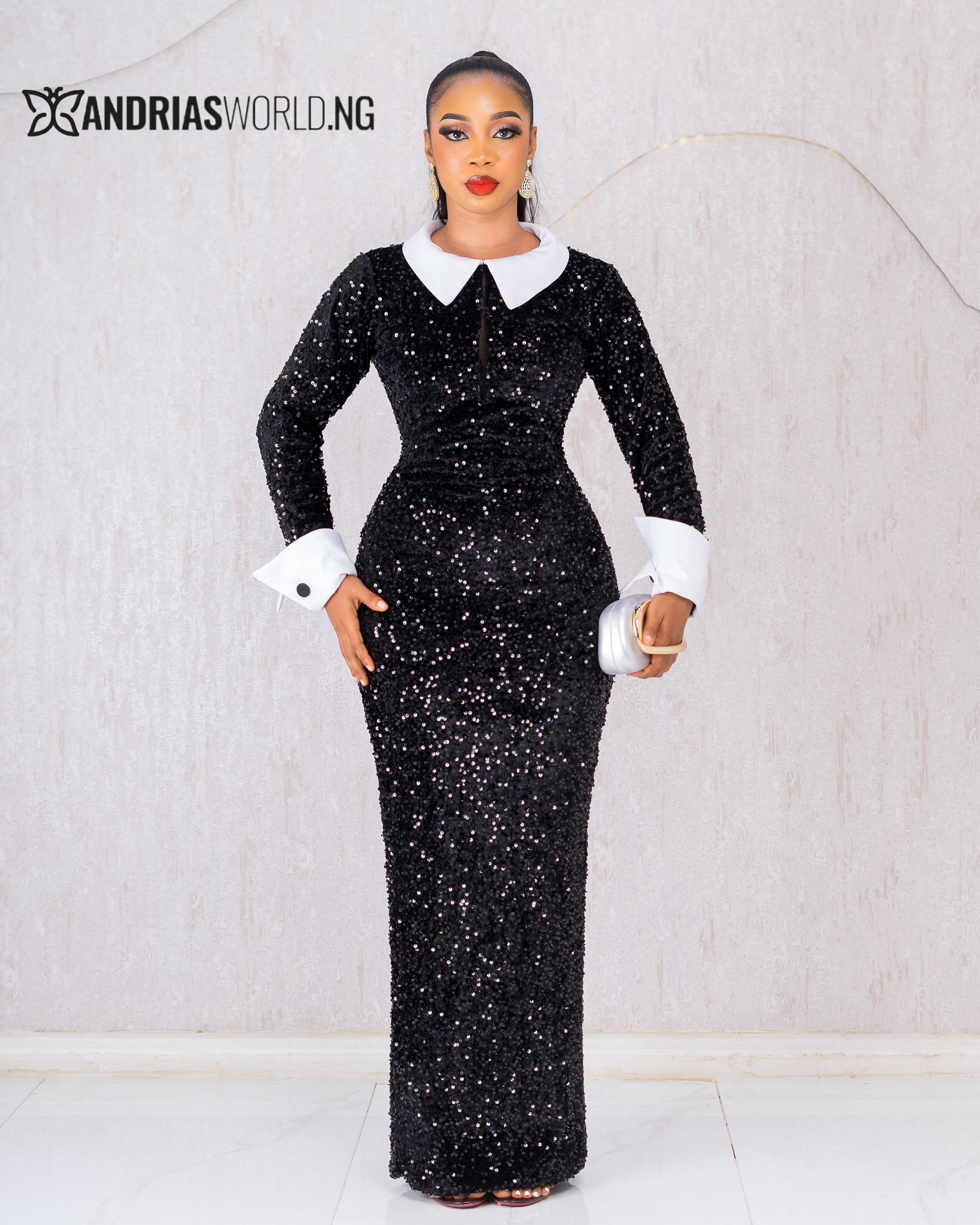 BLACK SEQUIN DRESS WITH WHITE COLLAR BLACK SEQUIN DRESS WITH WHITE COLLAR