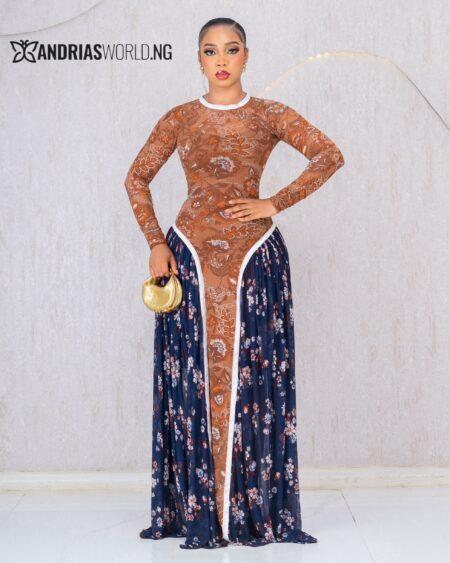 BROWN AND BLUE MAXI DRESS WITH INNER