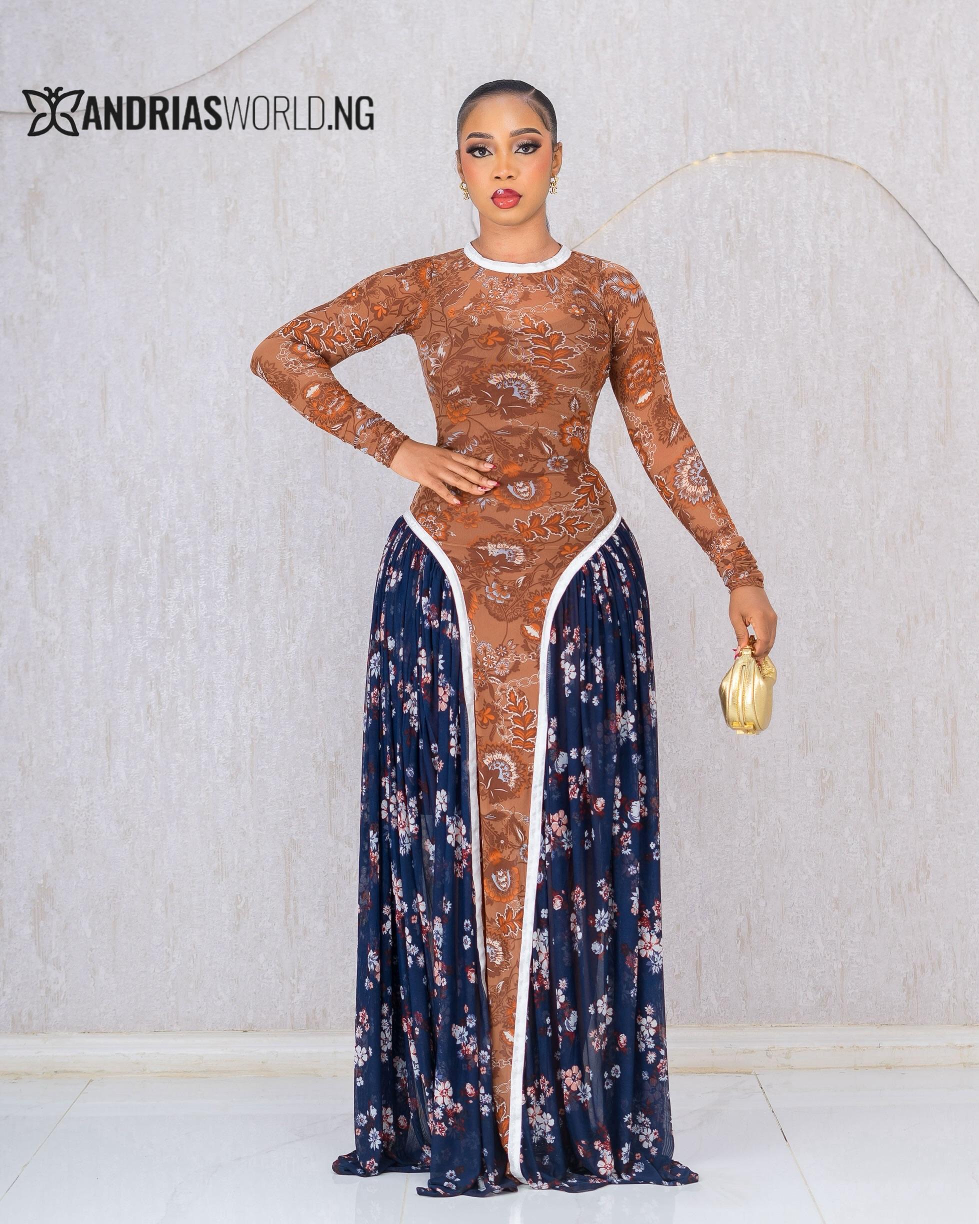 BROWN AND BLUE MAXI DRESS WITH INNER BROWN AND BLUE MAXI DRESS WITH INNER