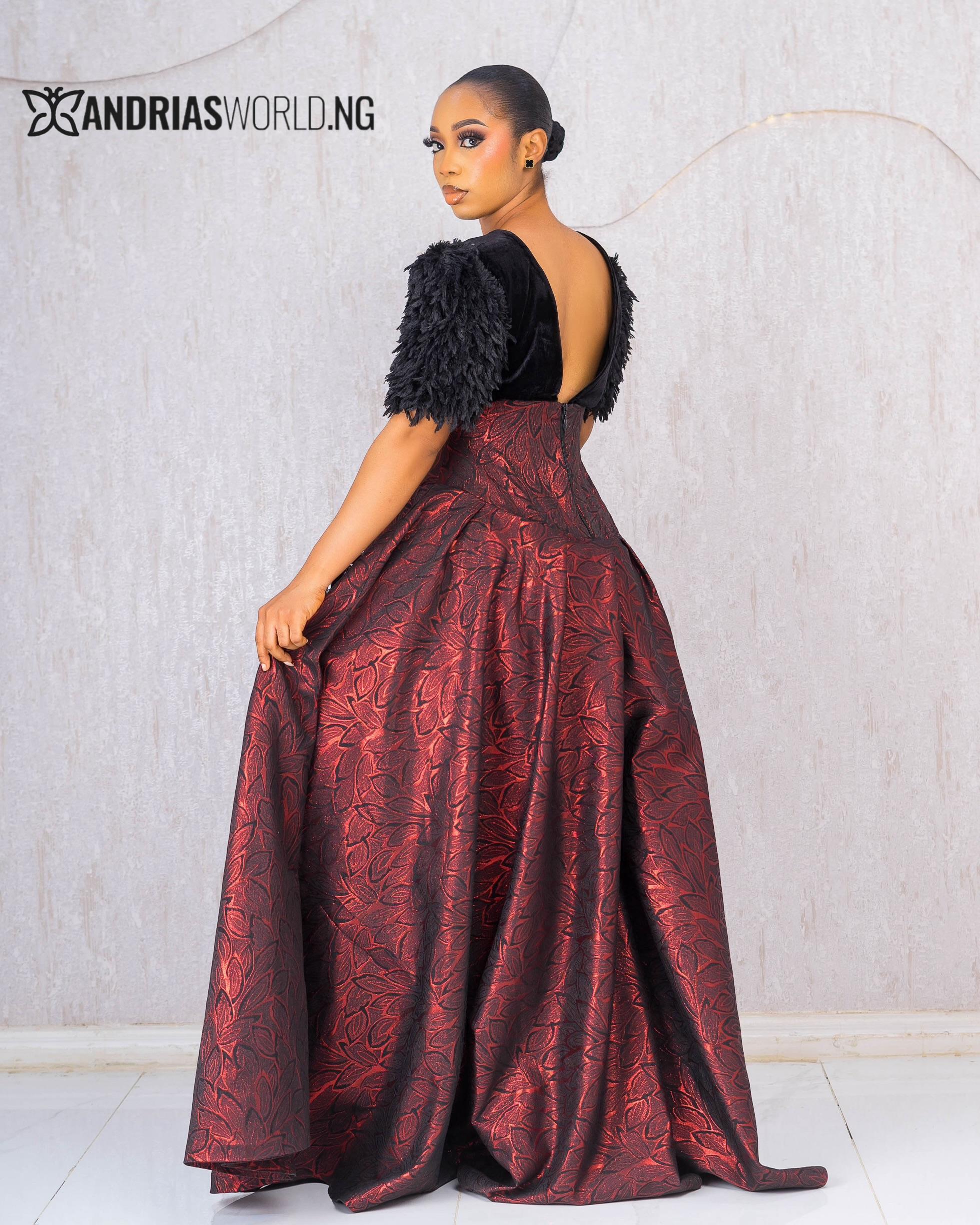 WINE DAMASK MAXI DRESS WITH VELVET WINE DAMASK MAXI DRESS WITH VELVET