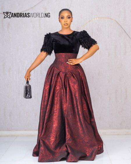 WINE DAMASK MAXI DRESS WITH VELVET