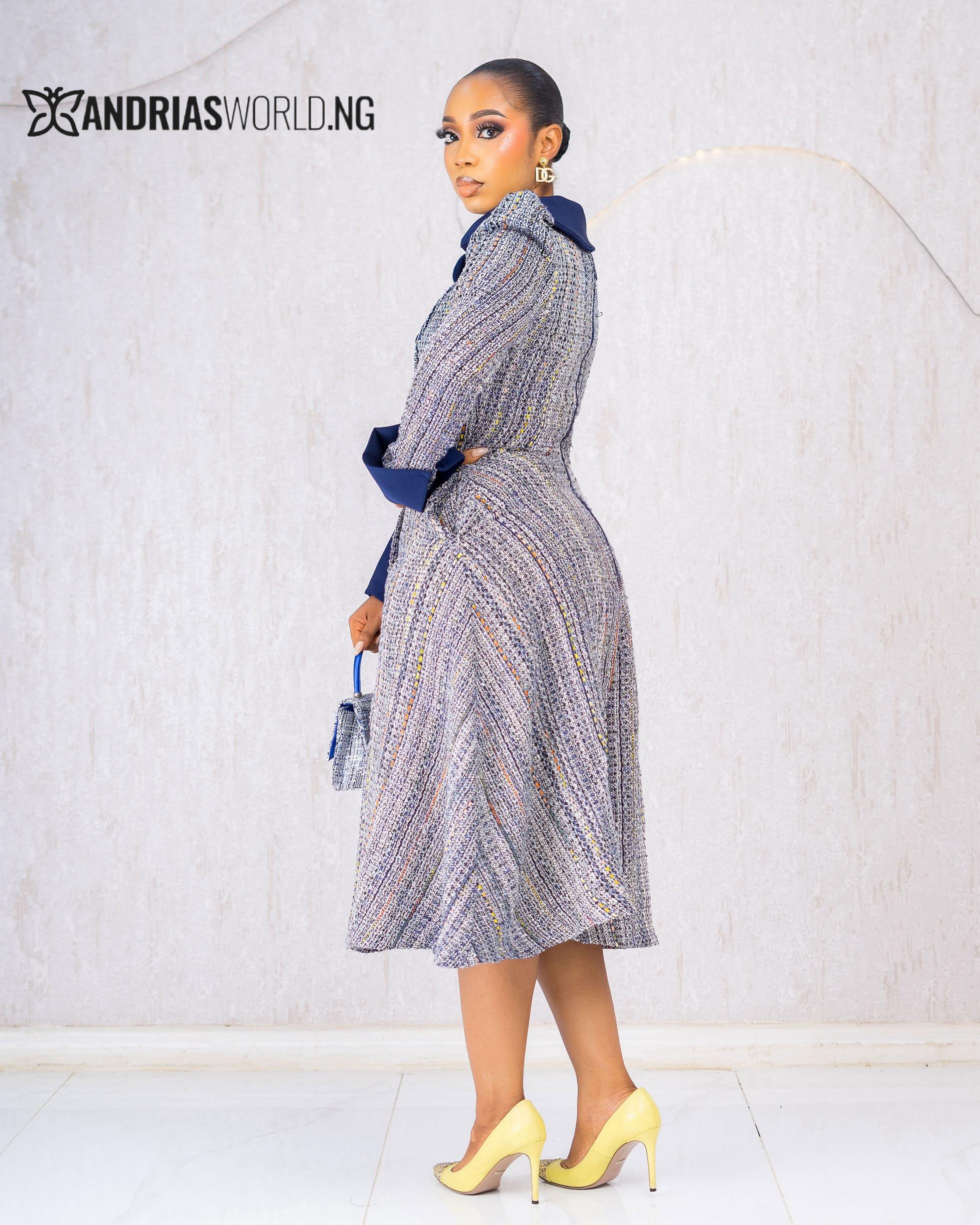 BLUE TWEED BUTTON DRESS BLUE TWEED BUTTON DRESS