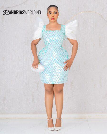 TEAL SEQUIN DRESS WITH WHITE MIKADO CAPE