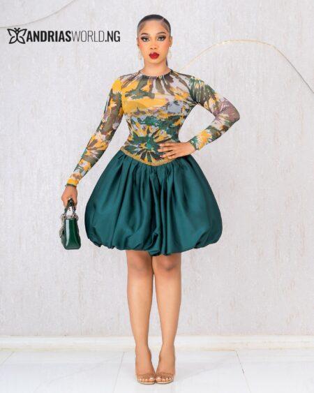 MULTICOLORED BEADED MESH & GREEN BUBBLE DRESS