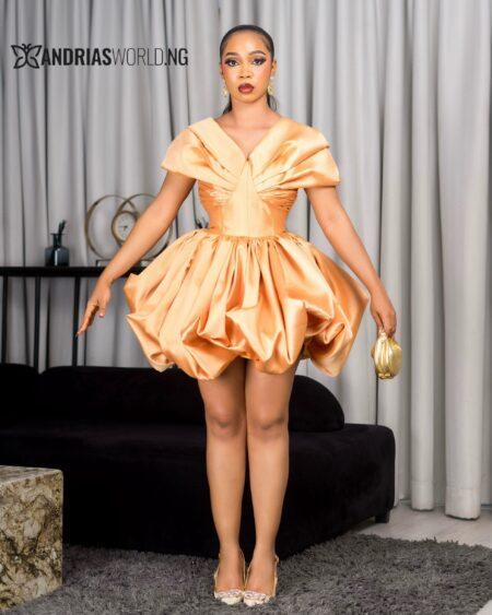 GOLDEN BROWN MIKADO BUBBLE DRESS