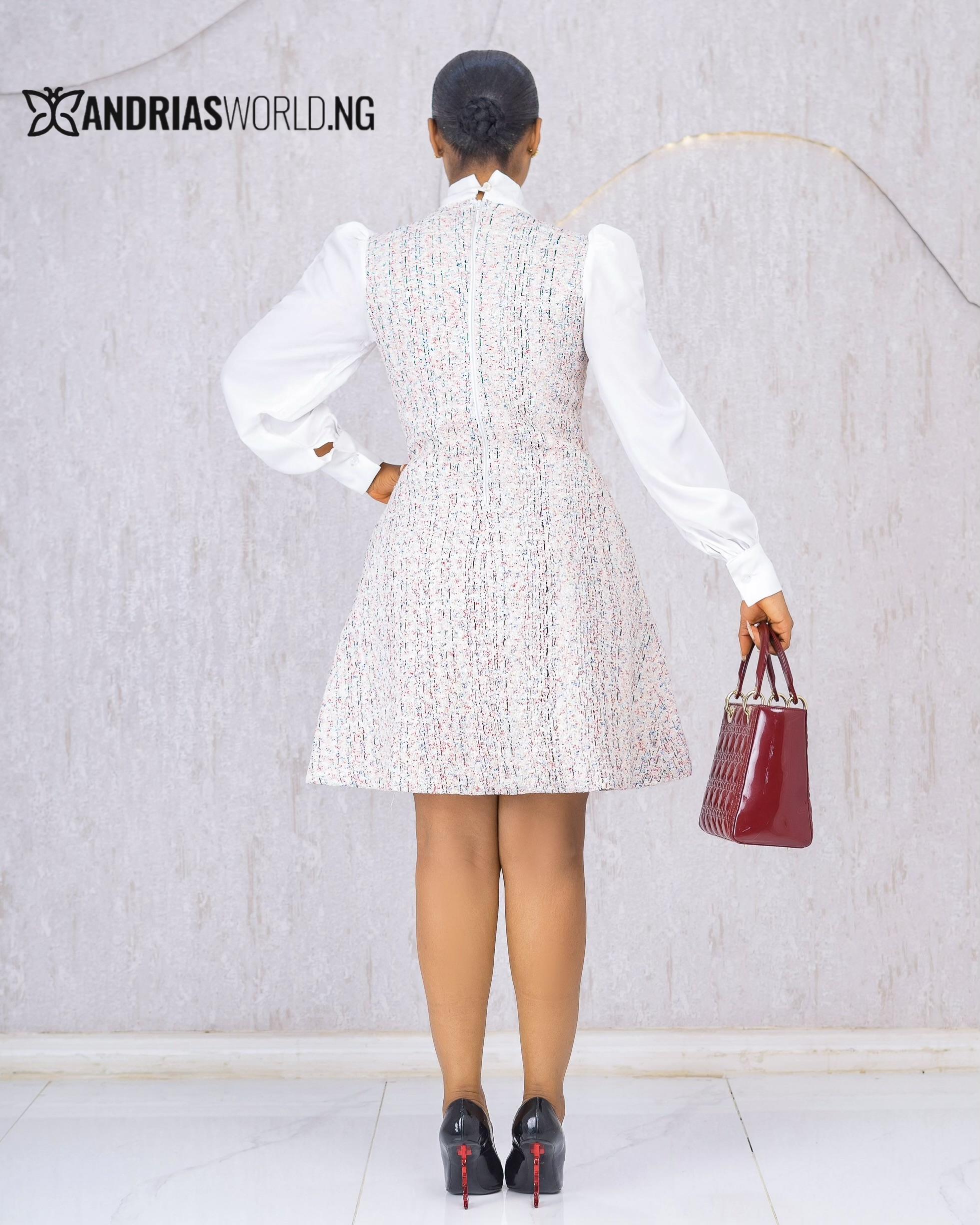 Multicolored Tweed Dress with White Sleeves Multicolored Tweed Dress with White Sleeves