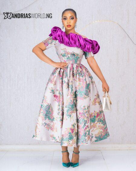 MULTICOLORED FLORAL DAMASK DRESS WITH PINK RUFFLES