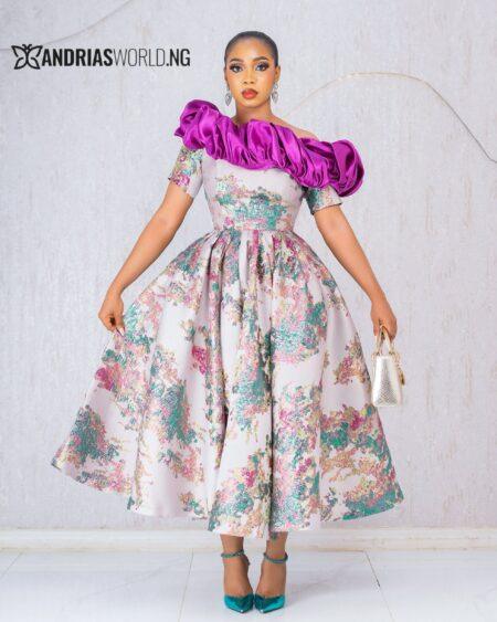 MULTICOLORED FLORAL DAMASK DRESS WITH PINK RUFFLES MULTICOLORED FLORAL DAMASK DRESS WITH PINK RUFFLES