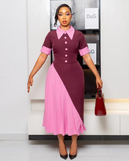 Burgundy and Pink Color Block Dress