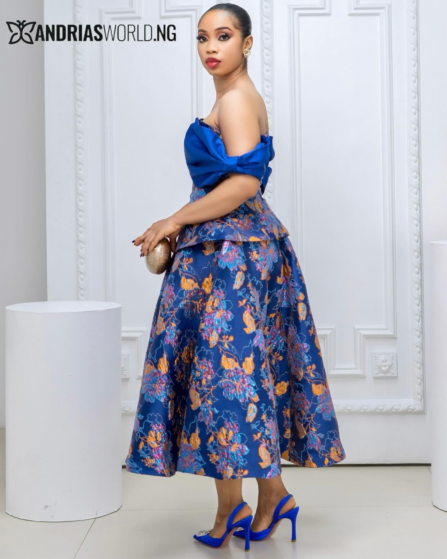 Blue Brocade Skirt set with Structured Off-Shoulder Sleeve Blue Brocade Skirt set with Structured Off-Shoulder Sleeve