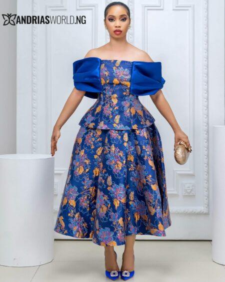 Blue Brocade Skirt set with Structured Off-Shoulder Sleeve