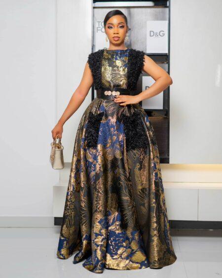 Gold and Blue Sleeveless Maxi Dress with Belt