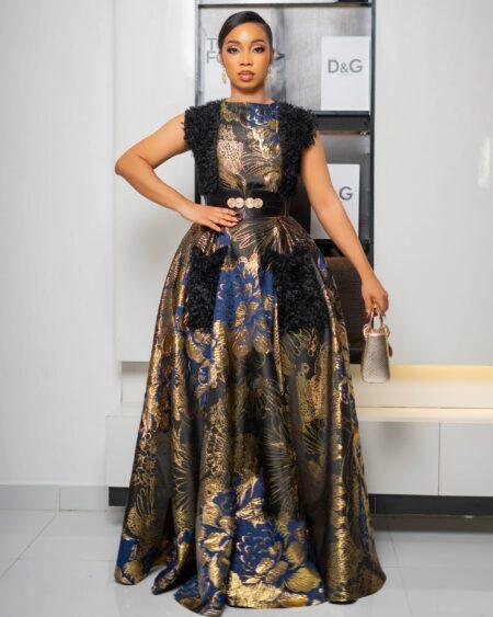 Gold and Blue Sleeveless Maxi Dress with Belt