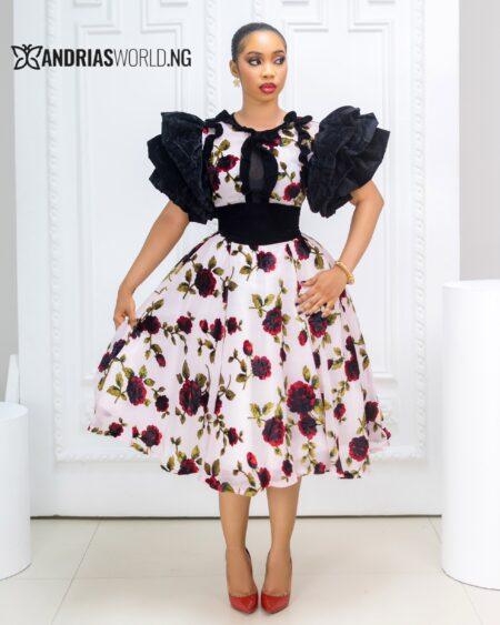 White and Black Floral Velvet Dress with Puffy sleeves