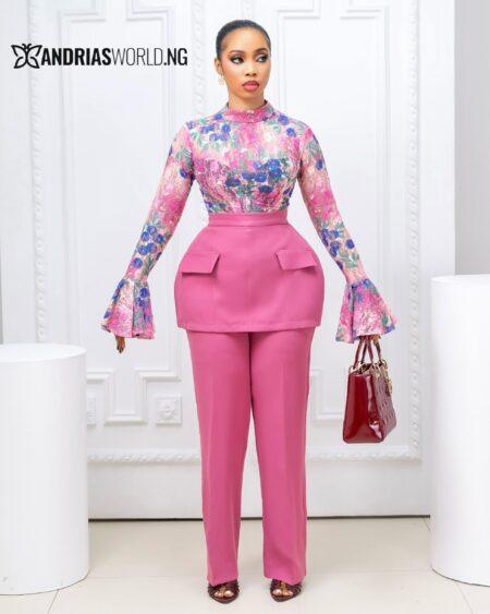 Pink Trouser set with Multicolored Lace Top