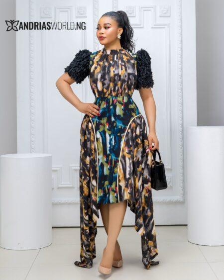 Multicolored Midi Dress with Feather Sleeves