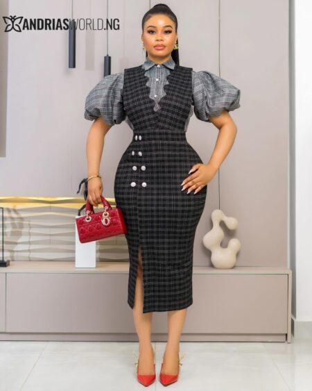 Black Checkered Pinafore Dress with Puff-sleeve Top