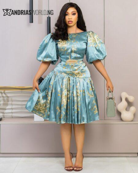 Sky Blue Flowers Print Skater Dress with Puffy Sleeves