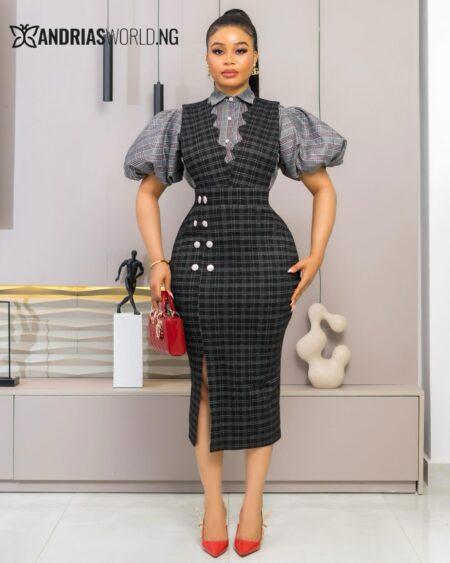 Black Checkered Pinafore Dress with Puff-sleeve Top