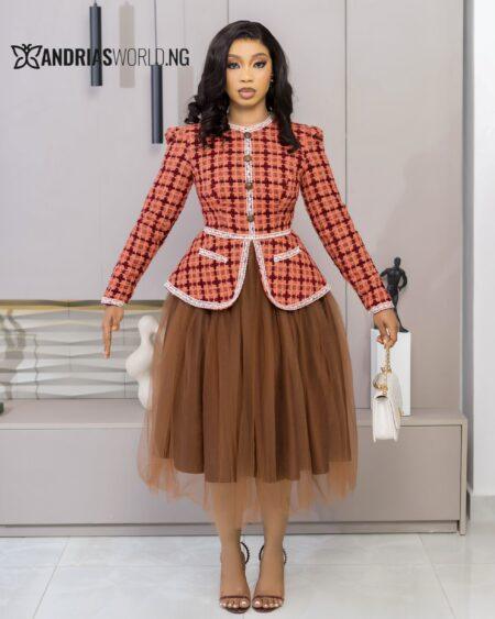 Orange Tweed Dress with Brown Mesh