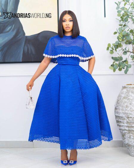 Blue Lace Skater Dress with Detachable Cape