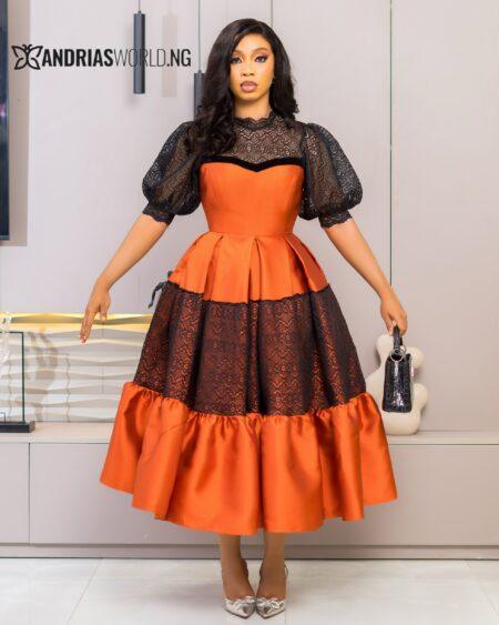 Orange Mikado Skater Dress with Lace