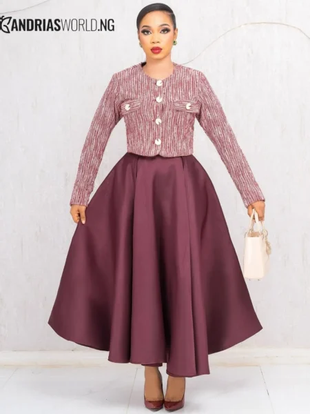 Brown mikado skate skirt with tweed top