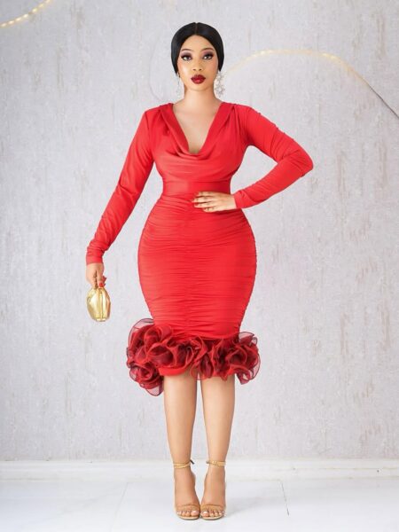 Red Rouchel cowl neck dress