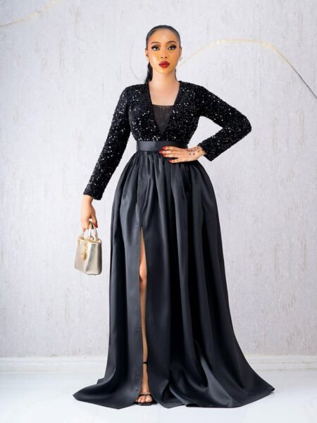 Black sequin & mikado front slit maxi dress