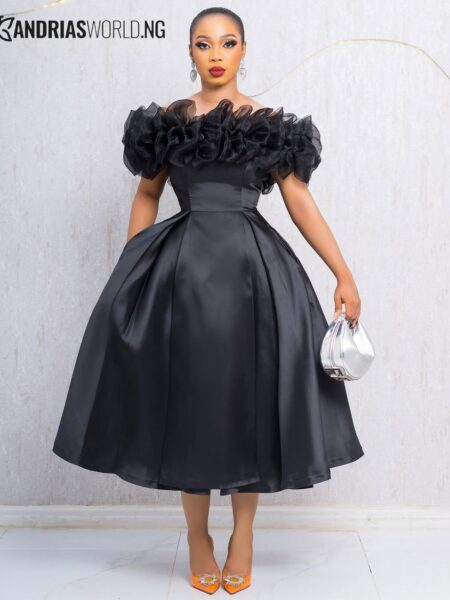 Black mikado skater dress with organza