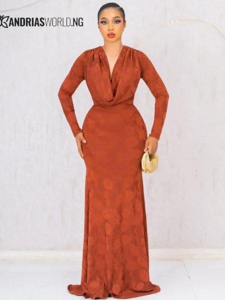 Reddish-brown cowl neck maxi dress