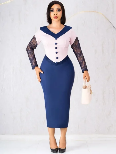 Navy blue and peach v-neck dress