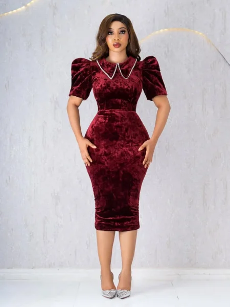 Wine velvet collar dress