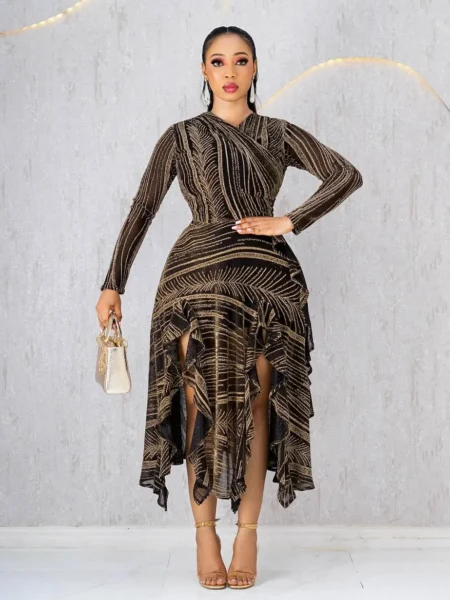 Gold and Black Shimmer Dress With Slit