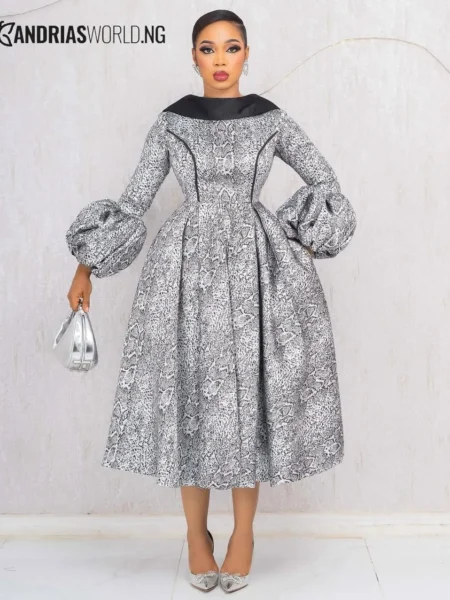 Black and Silver Damask Skater Dress with Puffy Sleeves