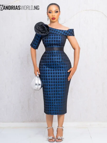 Blue and Black Houndstooth Damask Dress