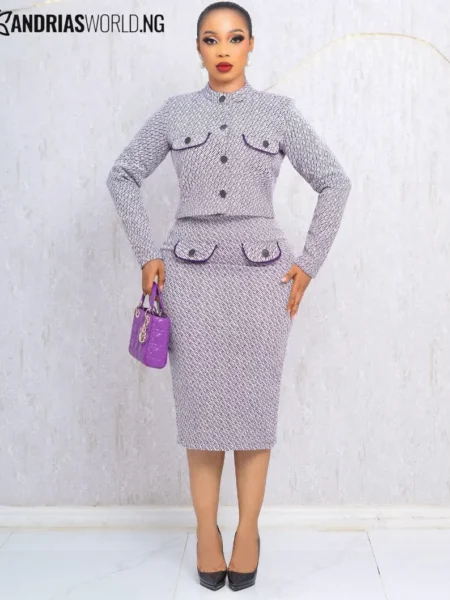Purple tweed check skirt suit
